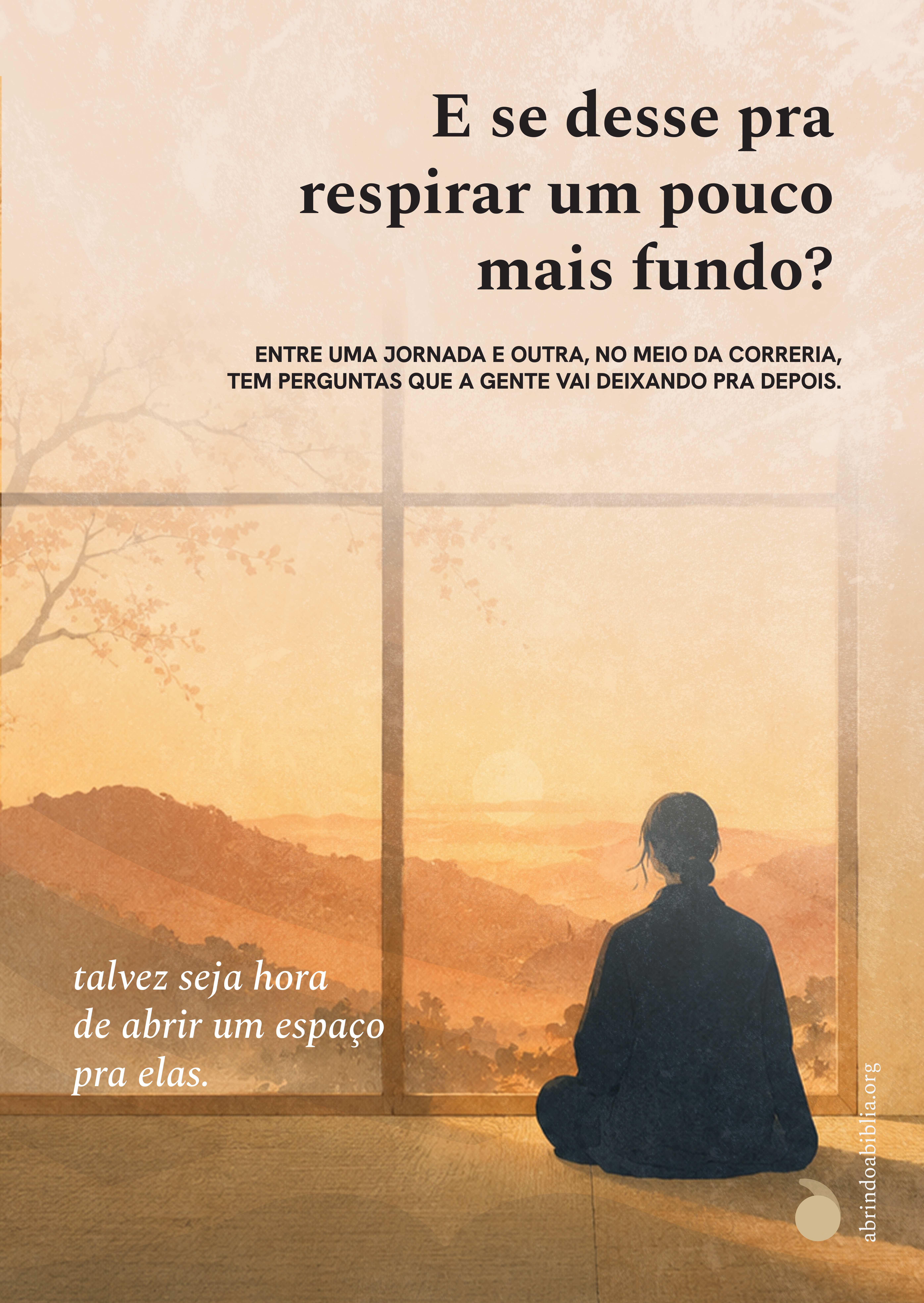 Frente do folheto: "E se desse pra respirar um pouco mais fundo?" sobre ilustração de uma figura contemplando a paisagem.